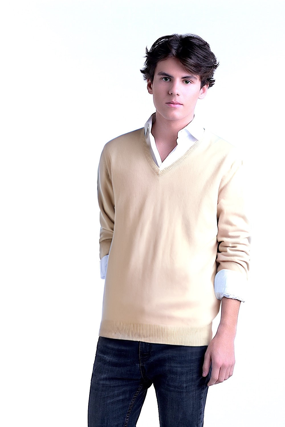 MEN’S 100% CASHMERE SOLID V-NECK. 21003/10ML