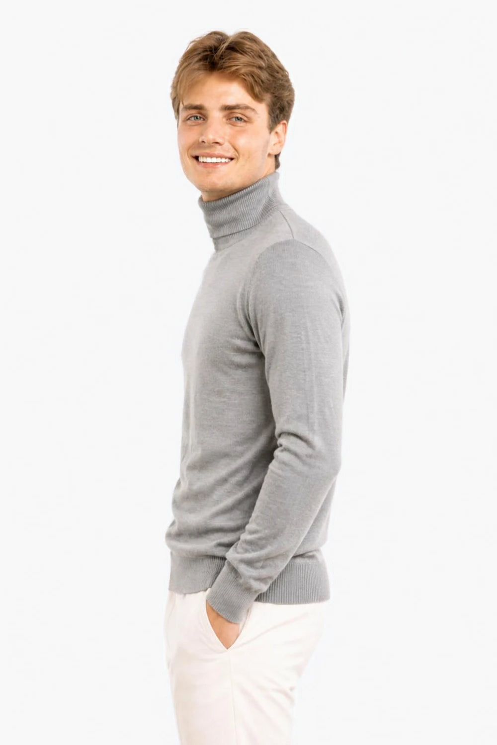 Herren-Kaschmirpullover mit Rollkragen in Mittelgrau, unifarben