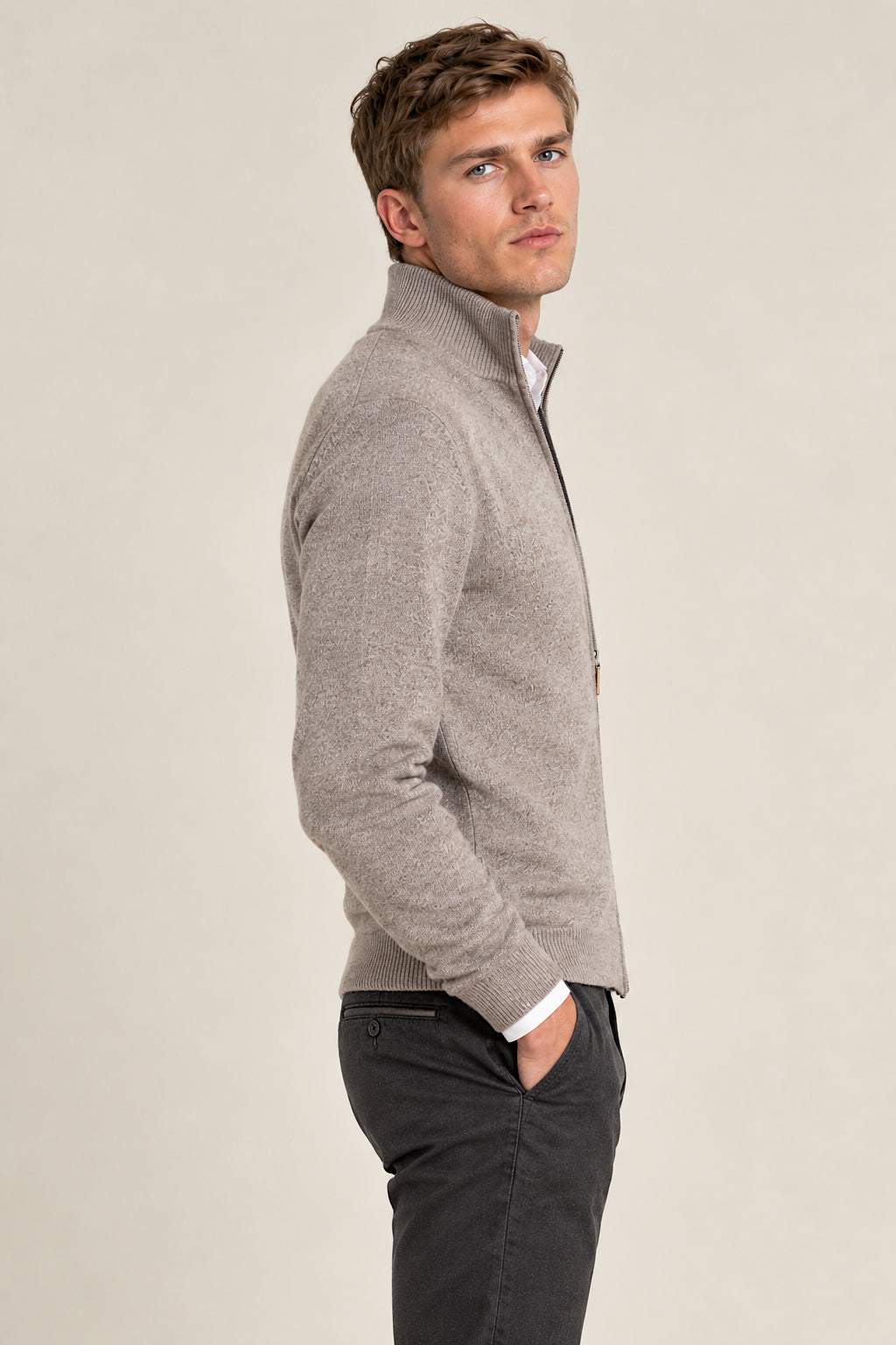 Herren Kaschmir Zip-Up Mittelgrau