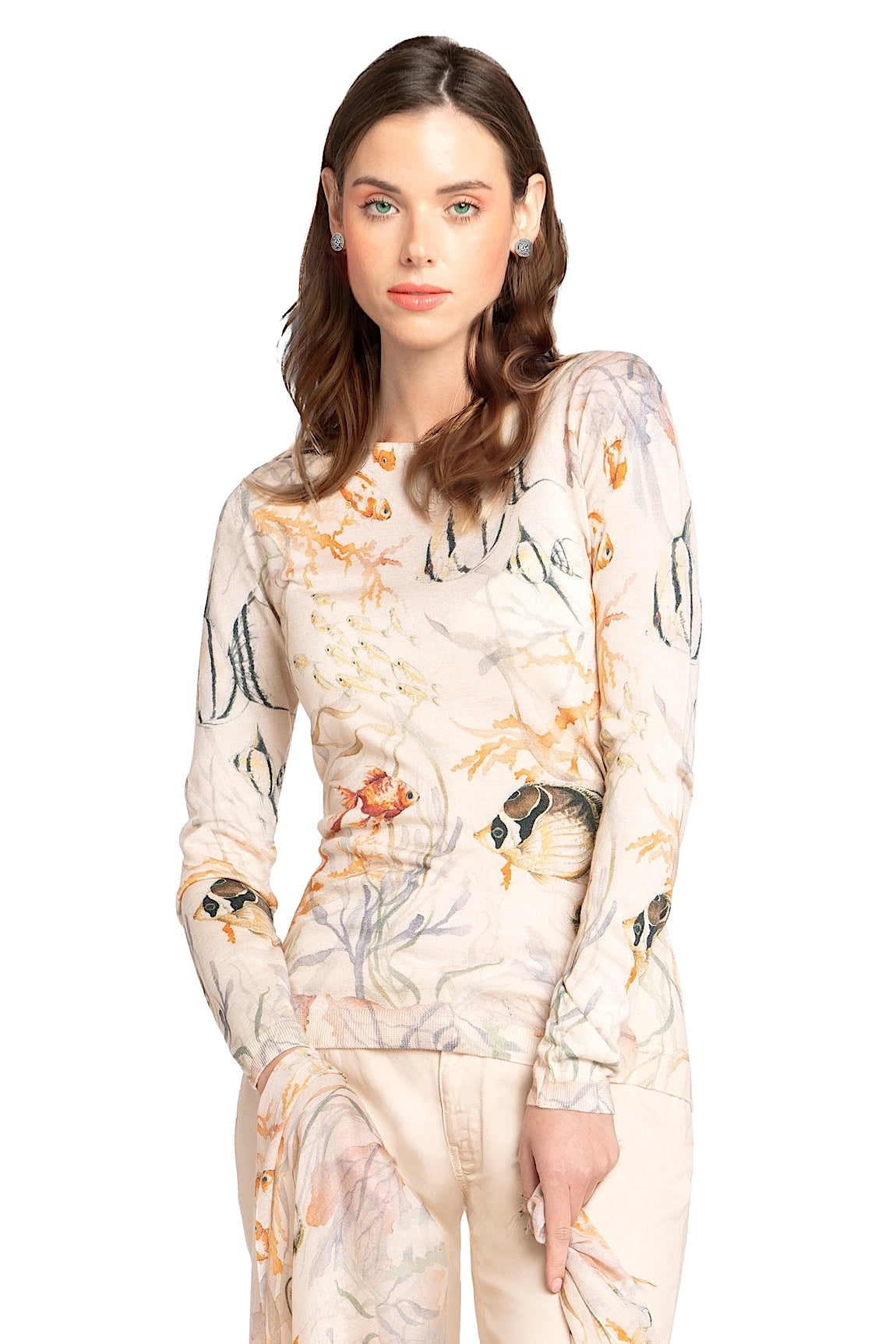 WOMEN'S PASTEL FISHES PRINT CASHMERE & SILK CREW NECK