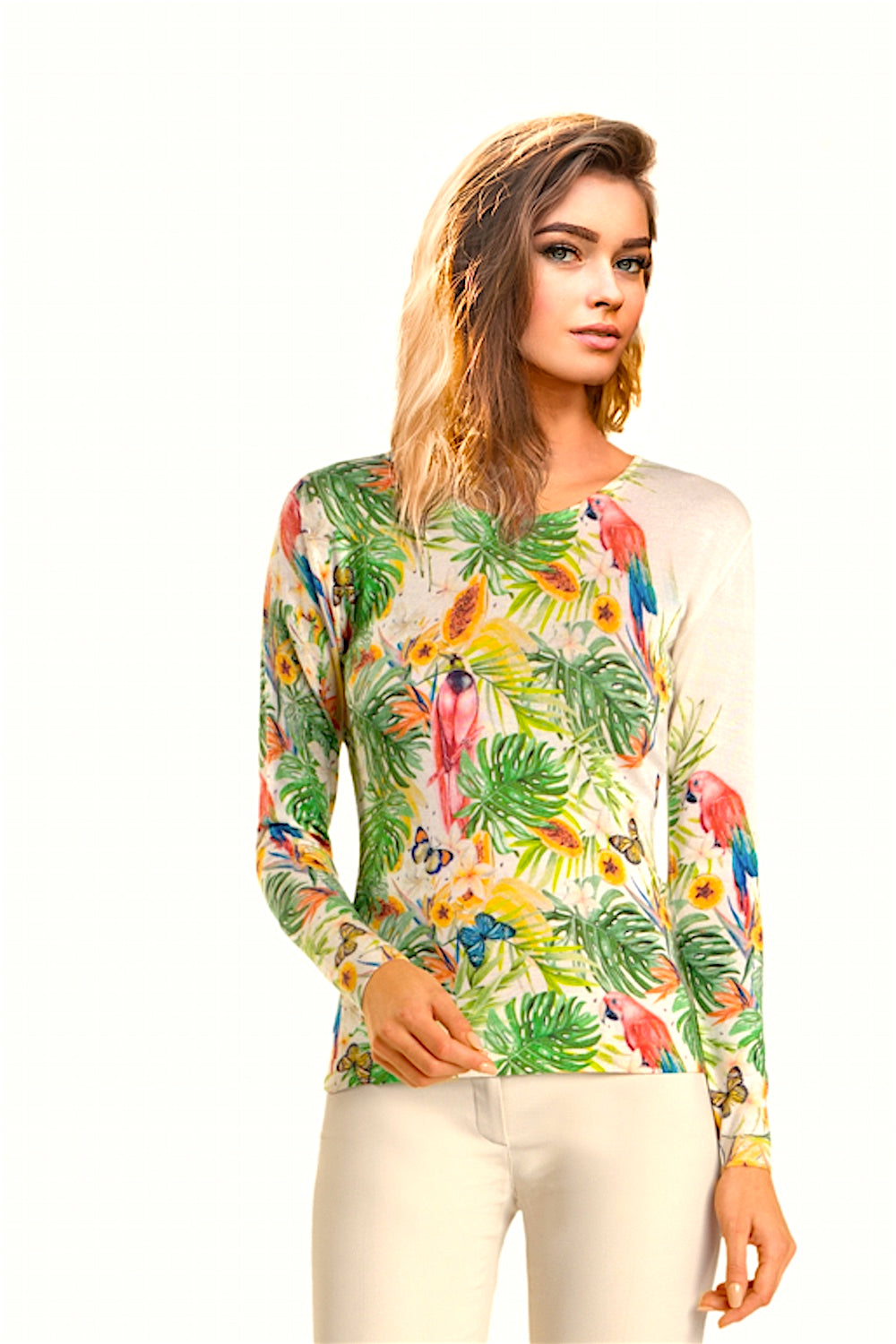 SUÉTER LIGERO DE CUELLO REDONDO PARA MUJER, 80% CACHEMIRA 20% SEDA, ESTAMPADO. 77200/20MLST442