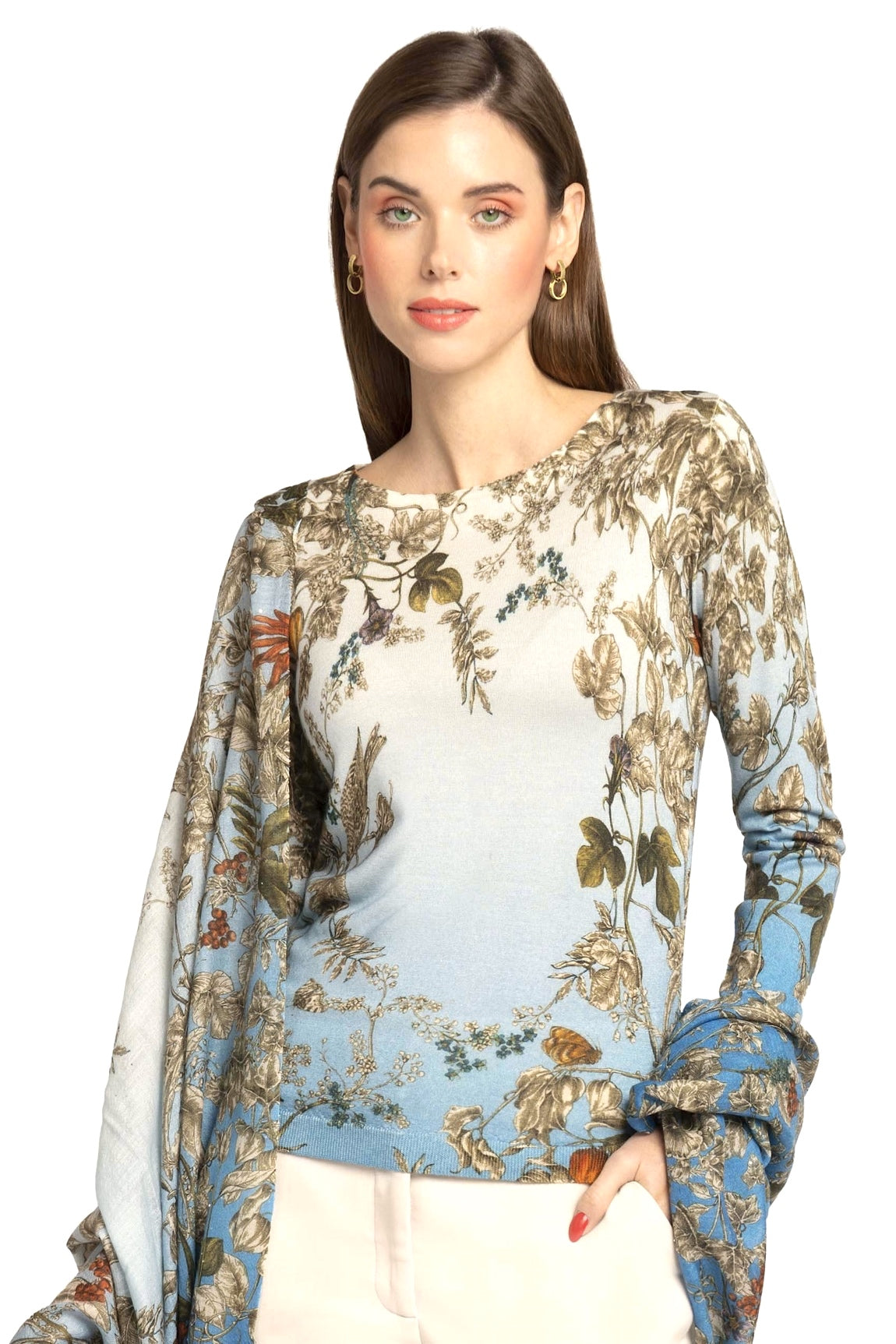 WOMEN'S 80% CASHMERE 20% SILK PRINTED LIGHTWEIGHT CREW NECK. 77200/20MLST558