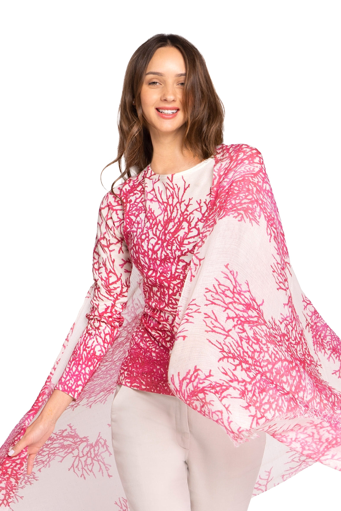 WOMEN'S FUCHSIA CORAL PRINT CASHMERE & SILK BOAT NECK