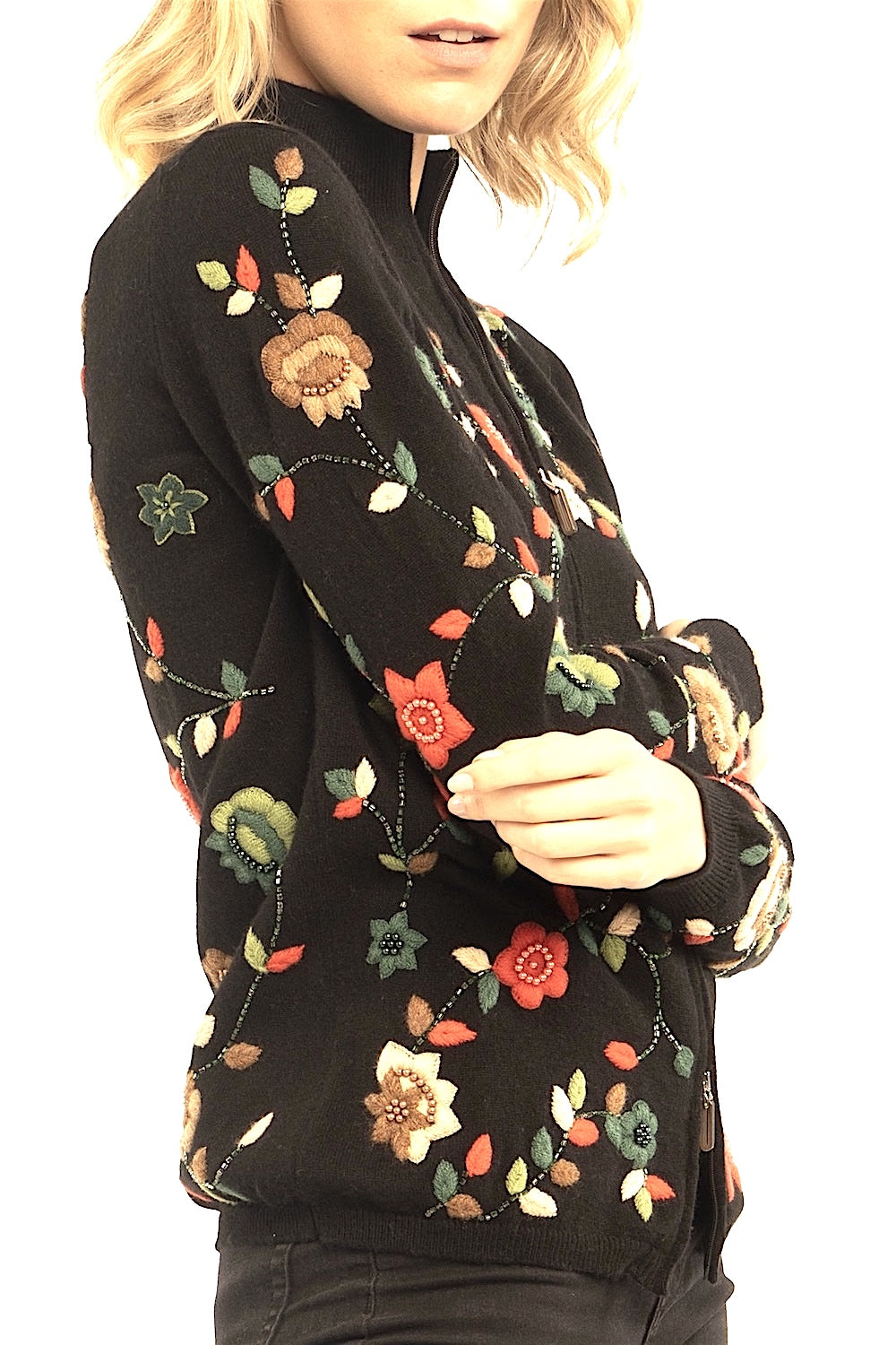 SUDADERA CON CREMALLERA PARA MUJER 100% CACHEMIR BORDADA CON FLORES. D-24013/43ML