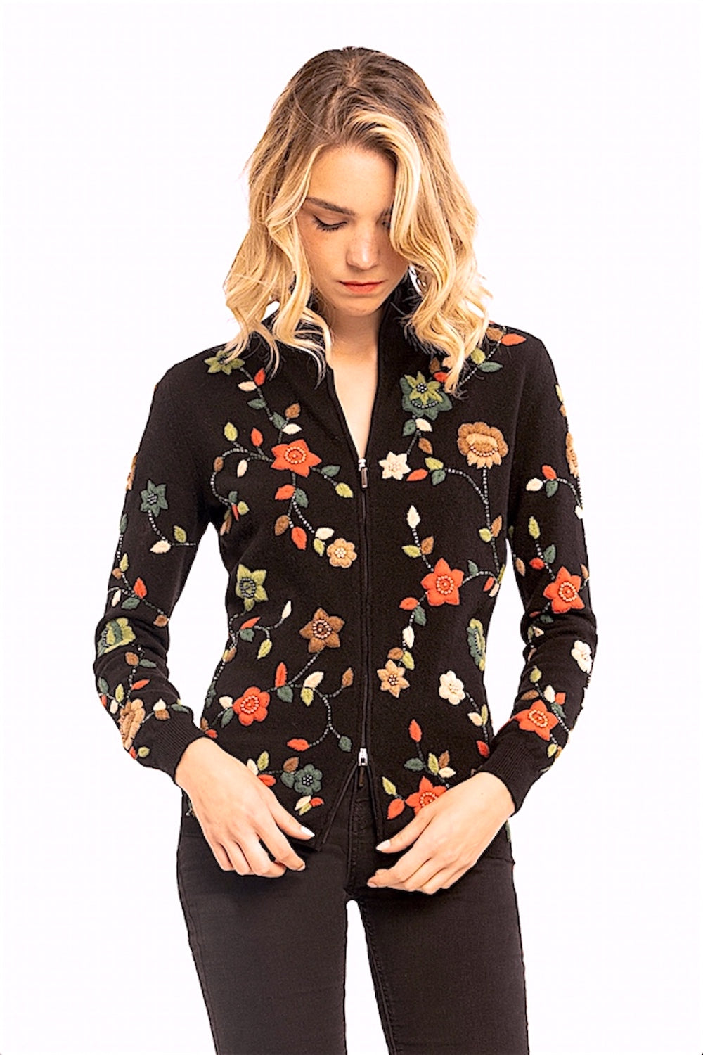 SUDADERA CON CREMALLERA PARA MUJER 100% CACHEMIR BORDADA CON FLORES. D-24013/43ML