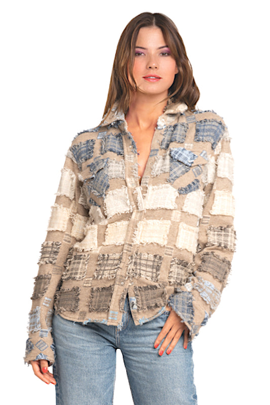 CHEMISE À PRESSIONS PATCHWORK BRODÉE 100 % CACHEMIRE FEMME. D-25045/70ML