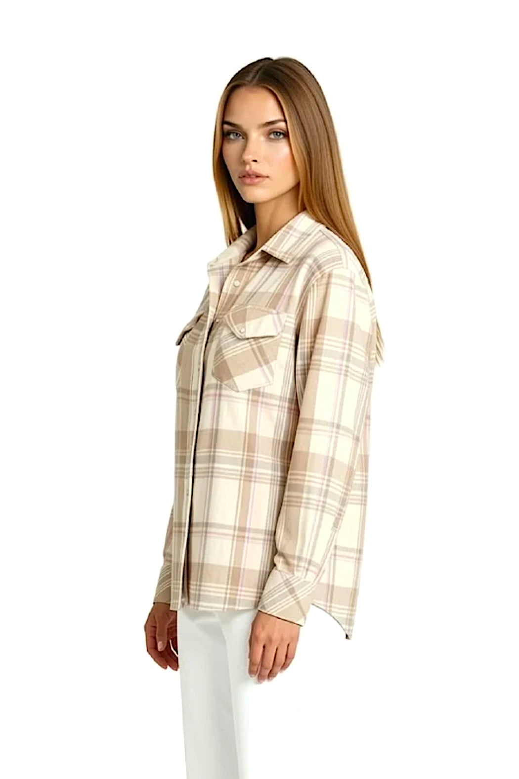 CAMICIA A QUADRI DA DONNA IN CASHMERE BEIGE-ROSA TESSUTA A MANO