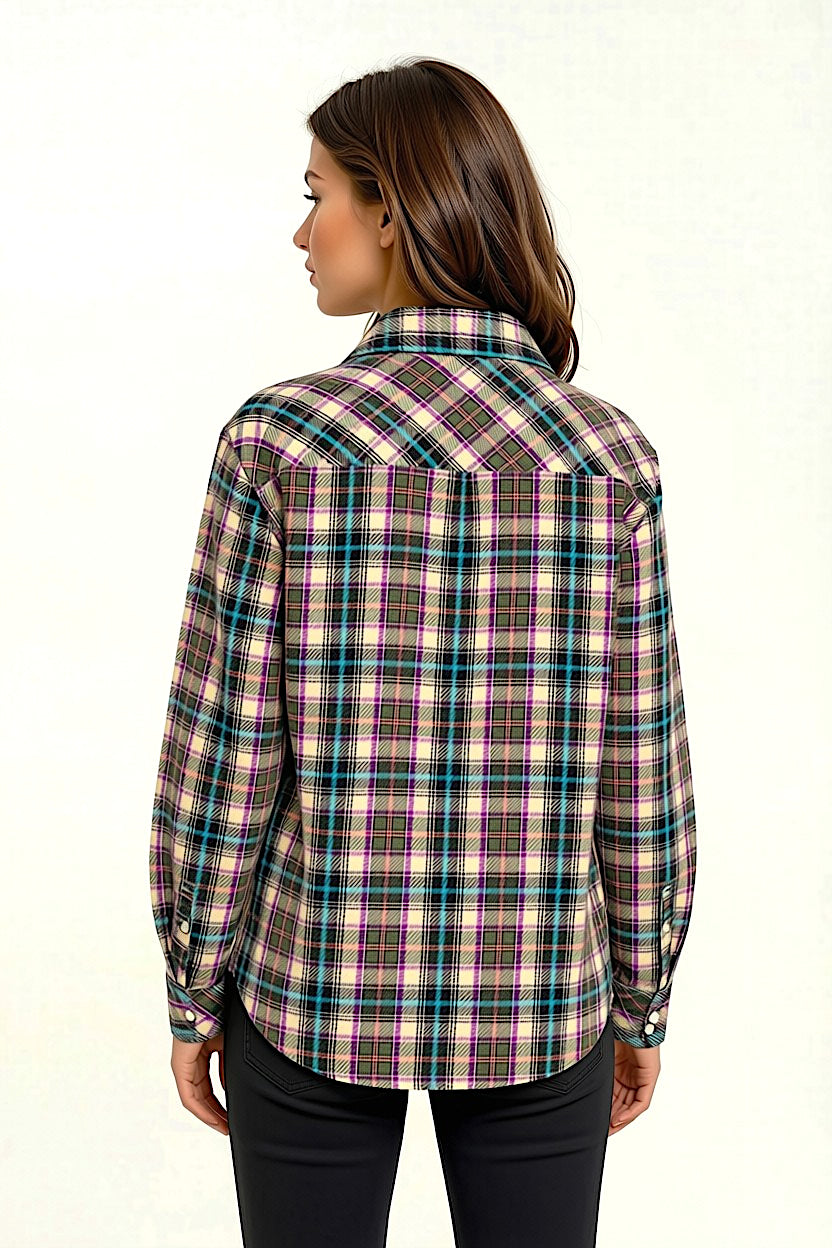 Camicia da donna in cashmere verde scuro-prugna, a quadri, tessuta a mano
