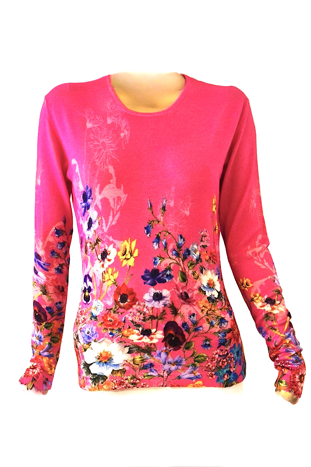 PULL COL ROND FEMME EN CACHEMIRE ET SOIE IMPRIMÉ FLORAL FUCHSIA