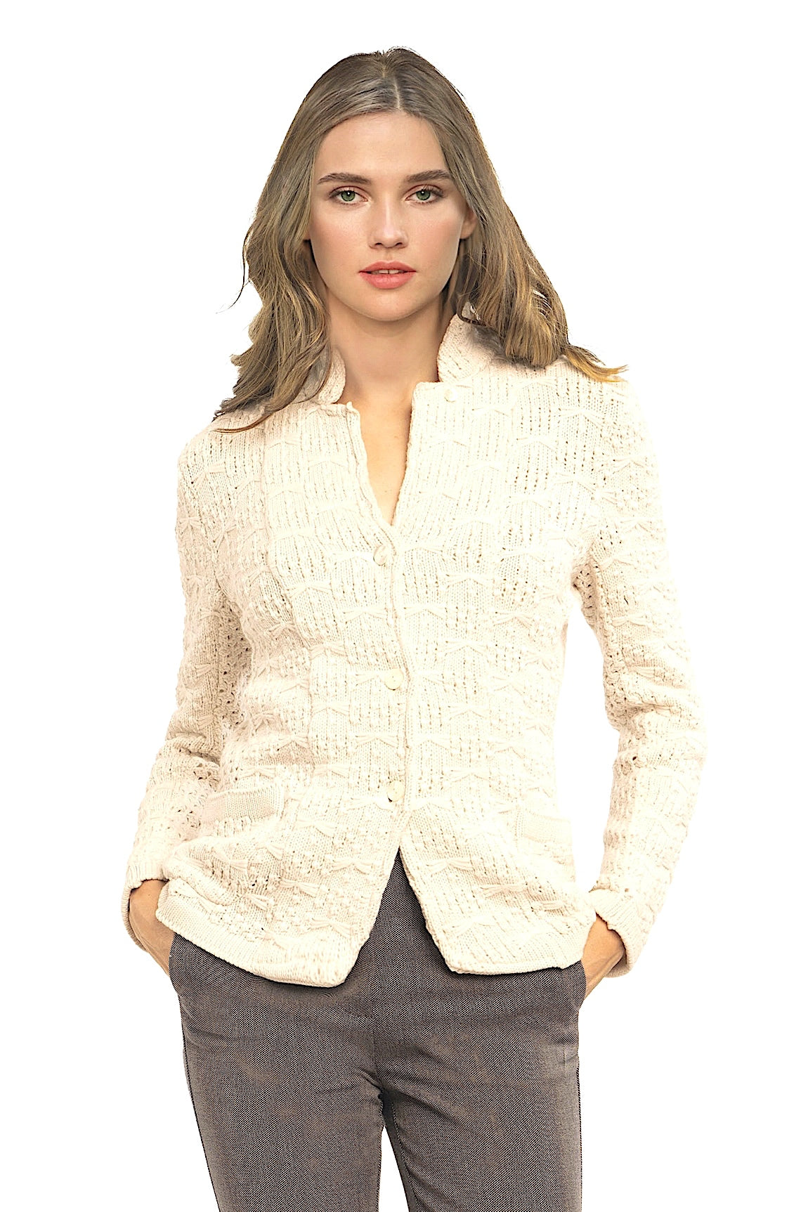 DAMEN 100% KASCHMIR LIBELLEN-STRICK MAO-KRAGEN JACKE. D-24041/45ML