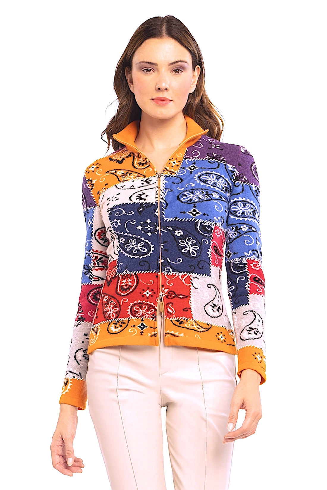 WOMEN'S 100% CASHMERE MULTICOLOR BANDANA ZIP-UP. D-24500/43ML