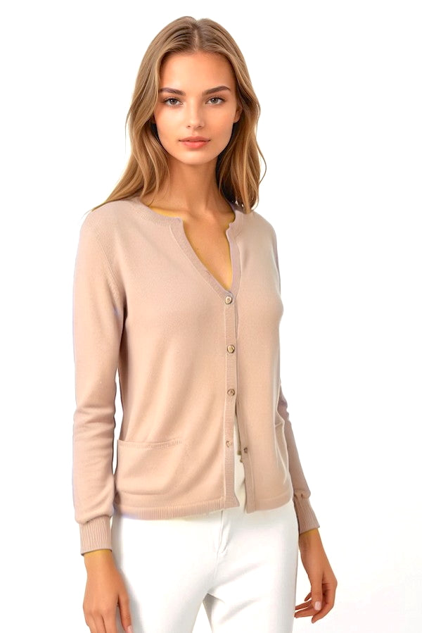 CARDIGAN CACHEMIRE COL ROND BEIGE LT BEIGE