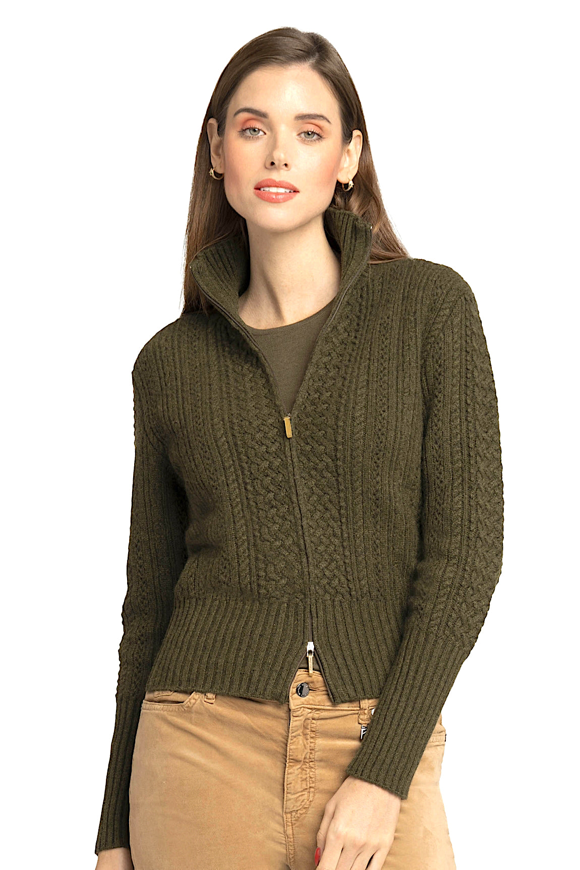 CARDIGAN COURT ZIPPÉ ARAN KAKI 52360 KAKI