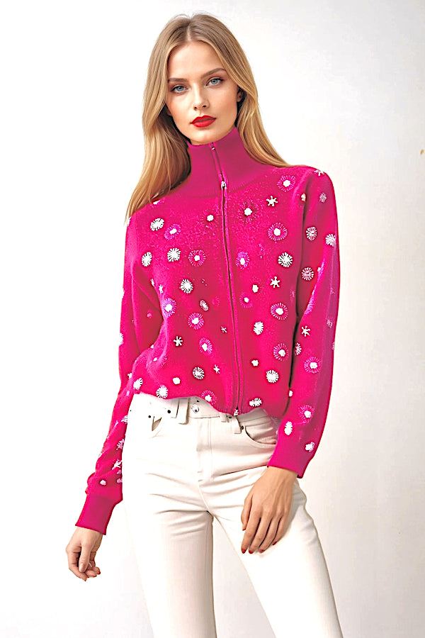 CARDIGAN ZIP À BRODERIES FLORA BLACK