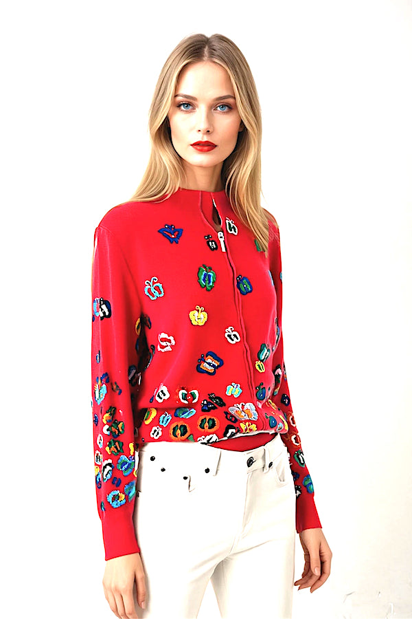 CARDIGAN ZIPPÉ CACHEM. BRODÉ CORAL RED