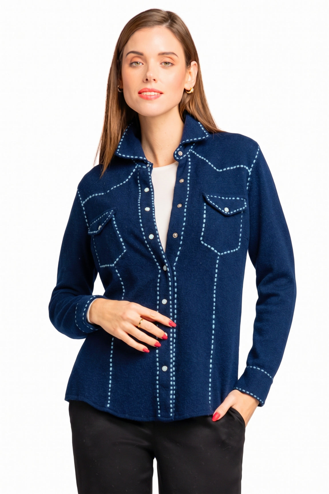 CHEMISE CACHEMIRE SURPIQURES NAVY-LT BLUE S607 NAVY-LT BLUE