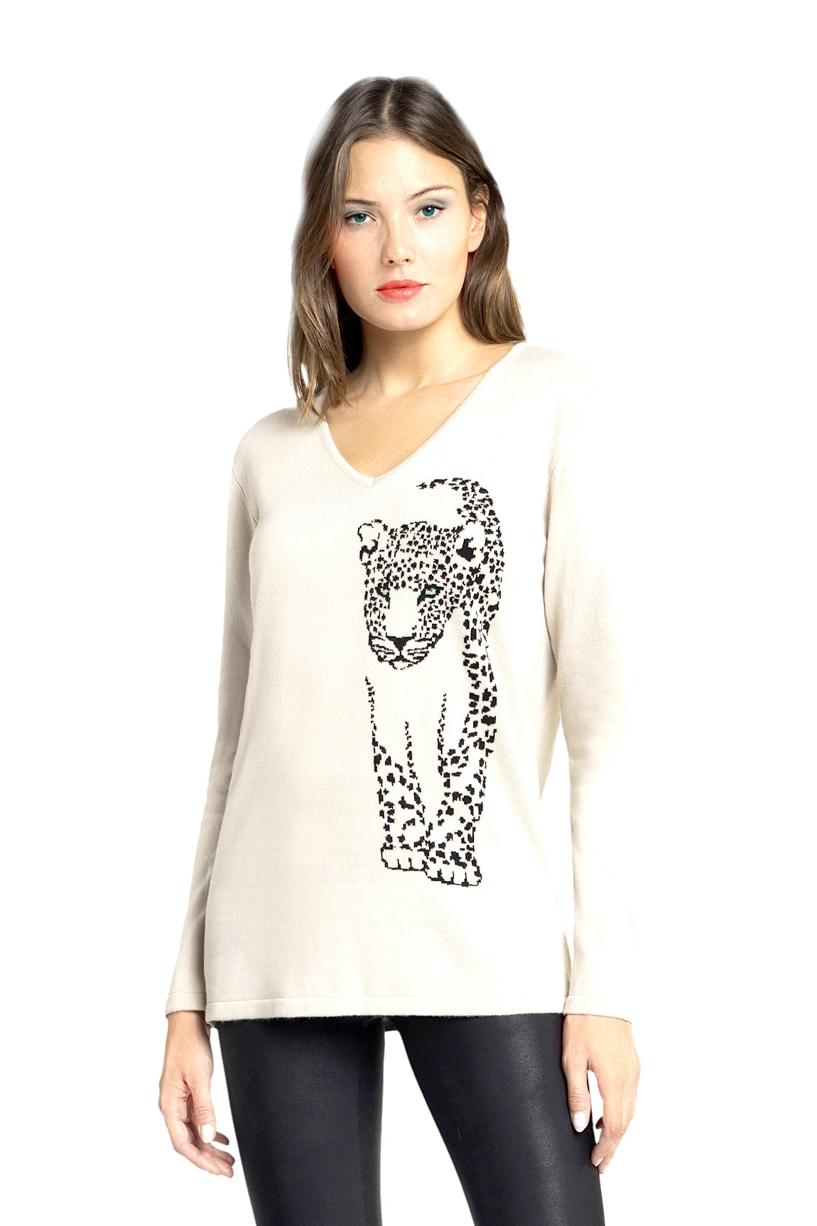 PULL CACHEMIRE COL V PANTHERE LT BEIGE