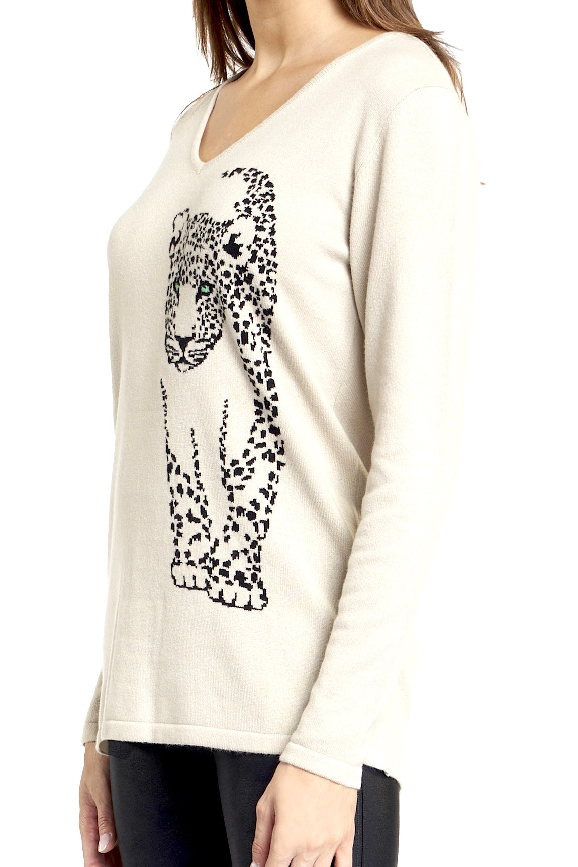 PULL CACHEMIRE COL V PANTHERE LT BEIGE