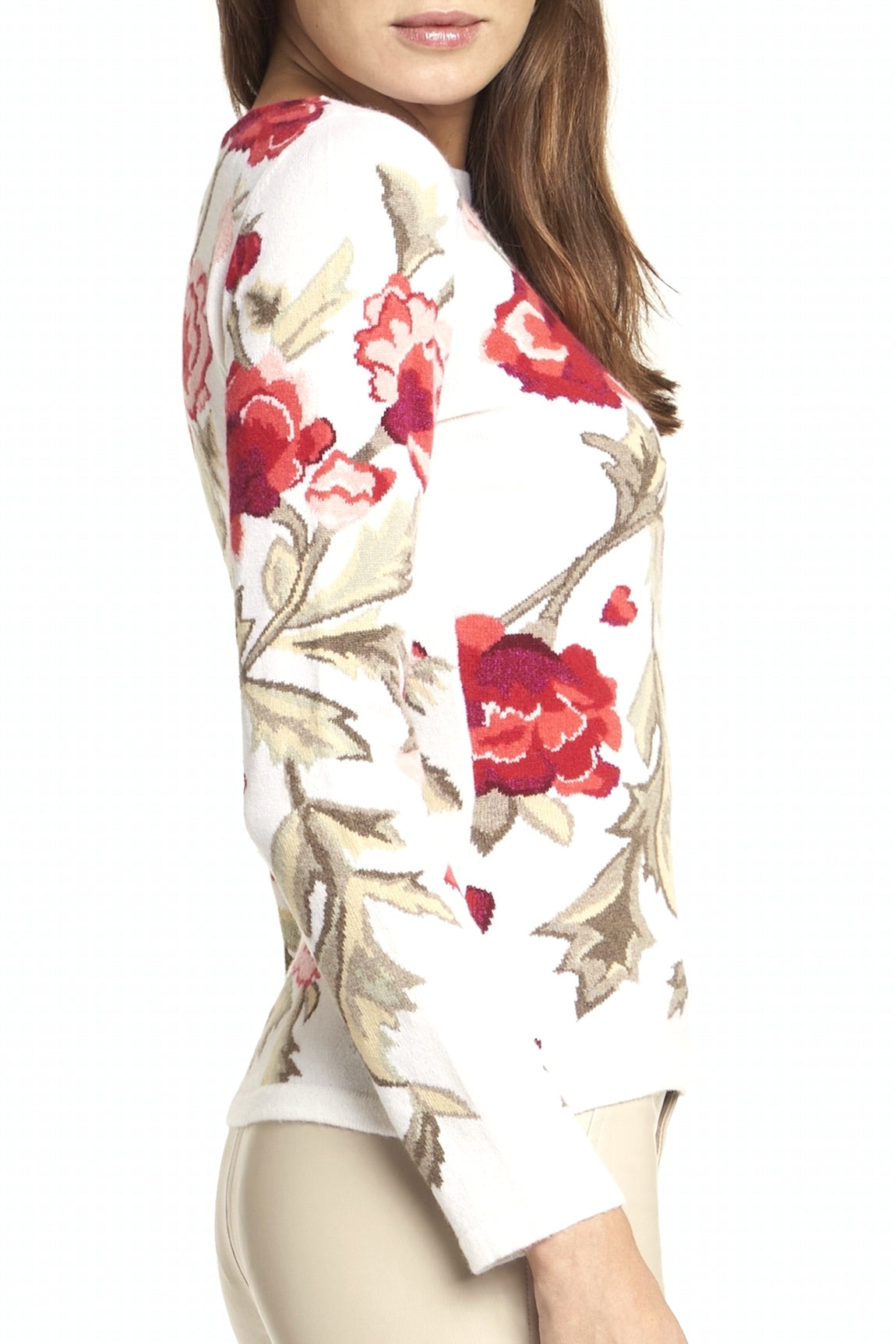 PULL CACHEMIRE INTARSIA FLEURS WHITE