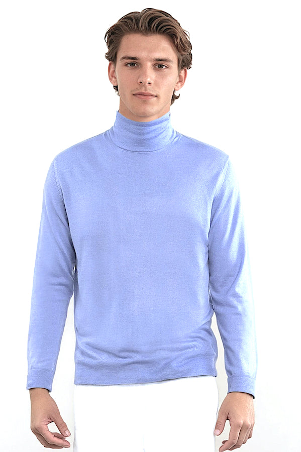 PULL CACHEMIRE-SOIE COL ROULE LT BLUE