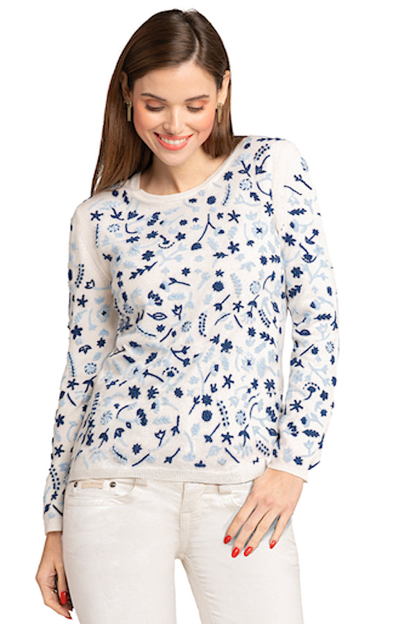 PULL COL ROND BRODÉ FLEURS WHITE-GREY 8001 WHITE-GREY