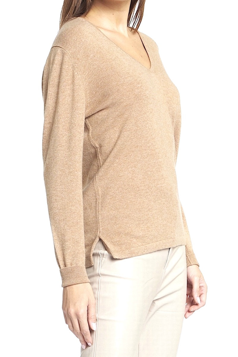 PULL DROIT COL V CACHEMIRE KAKI