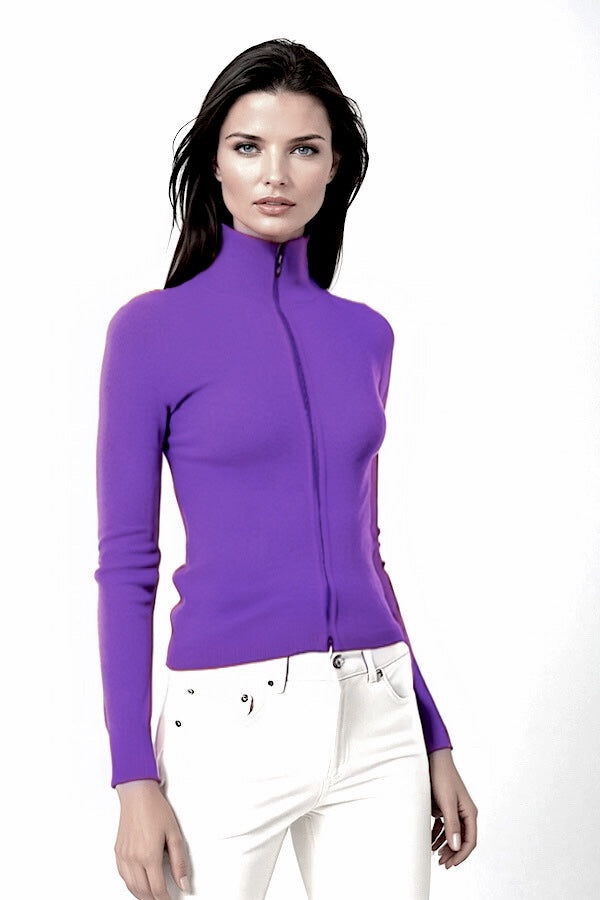WOMEN’S 100% CASHMERE SOLID FITTED ZIP-UP. 12073/43ML