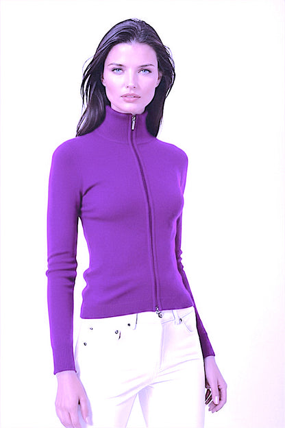 WOMEN'S LIGHT PURPLE FITTED CASHMERE ZIP-UP