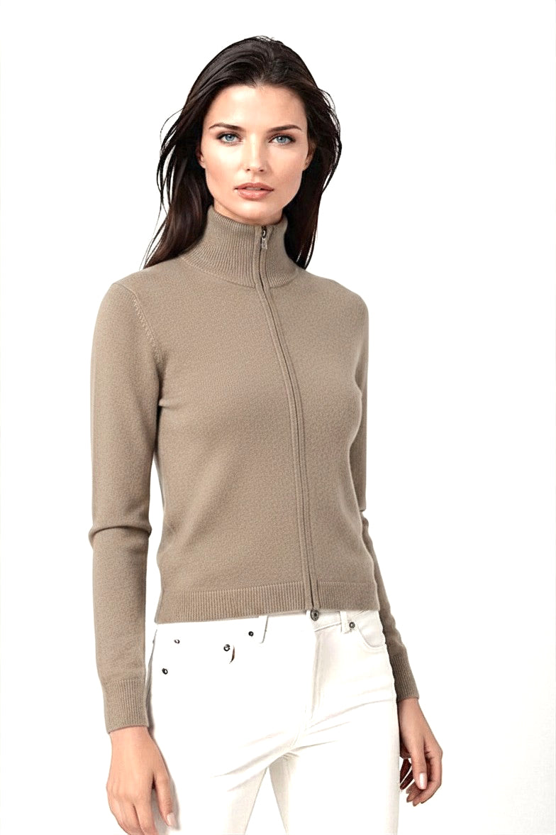 WOMEN'S TAUPE CASHMERE SOLID ZIP-UP