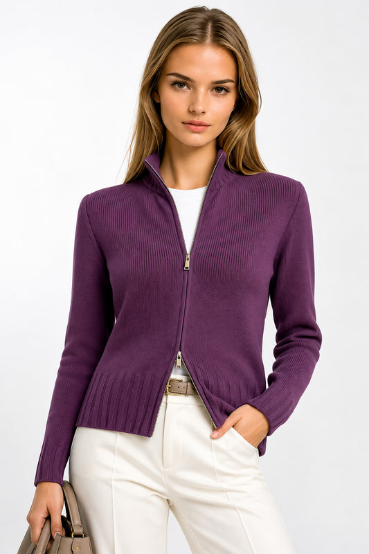 WOMEN'S 2-PLY PURPLE CASHMERE ZIP-UP CARDIGAN