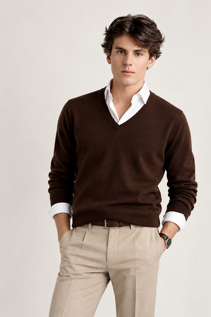 MEN'S DARK BROWN SOLID CASHMERE V-NECK