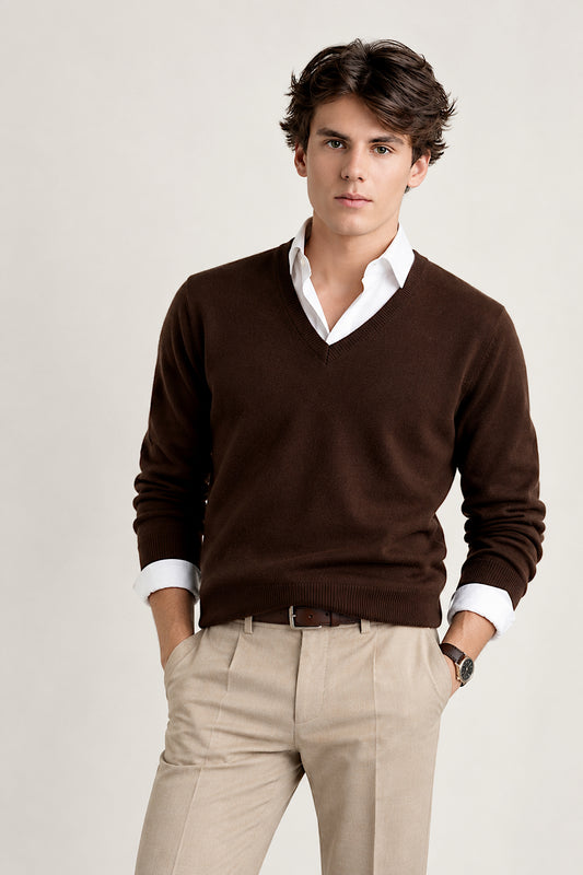MEN'S DARK BROWN SOLID CASHMERE V-NECK