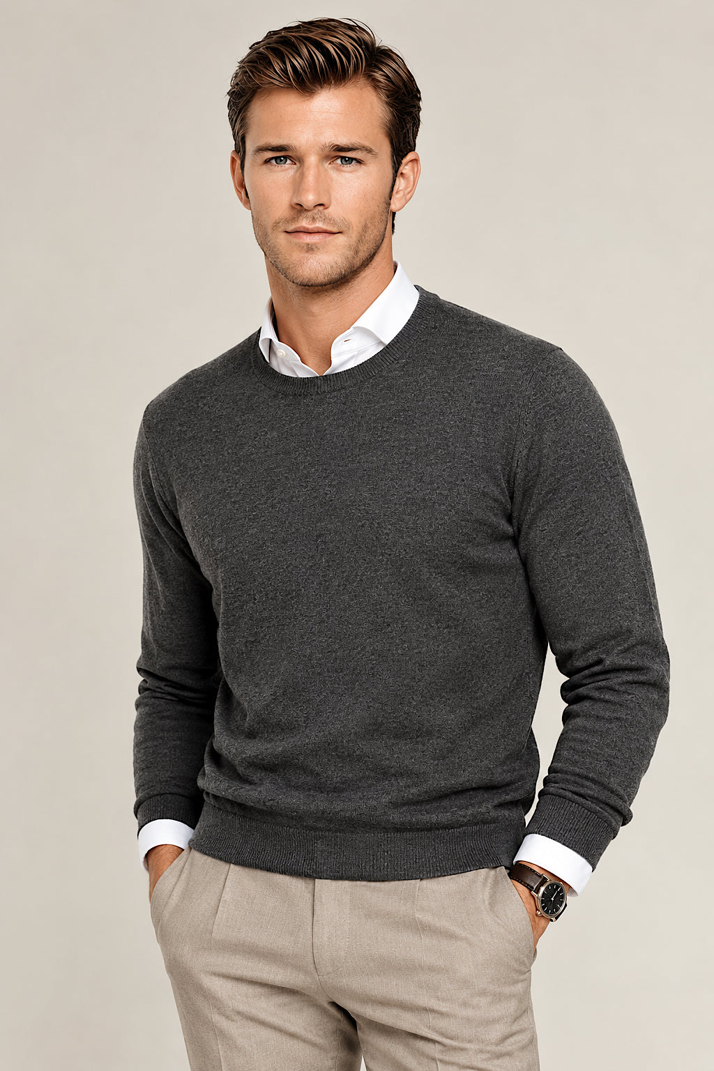HERREN CASHMERE DUNKELGRAU RUNDHALS