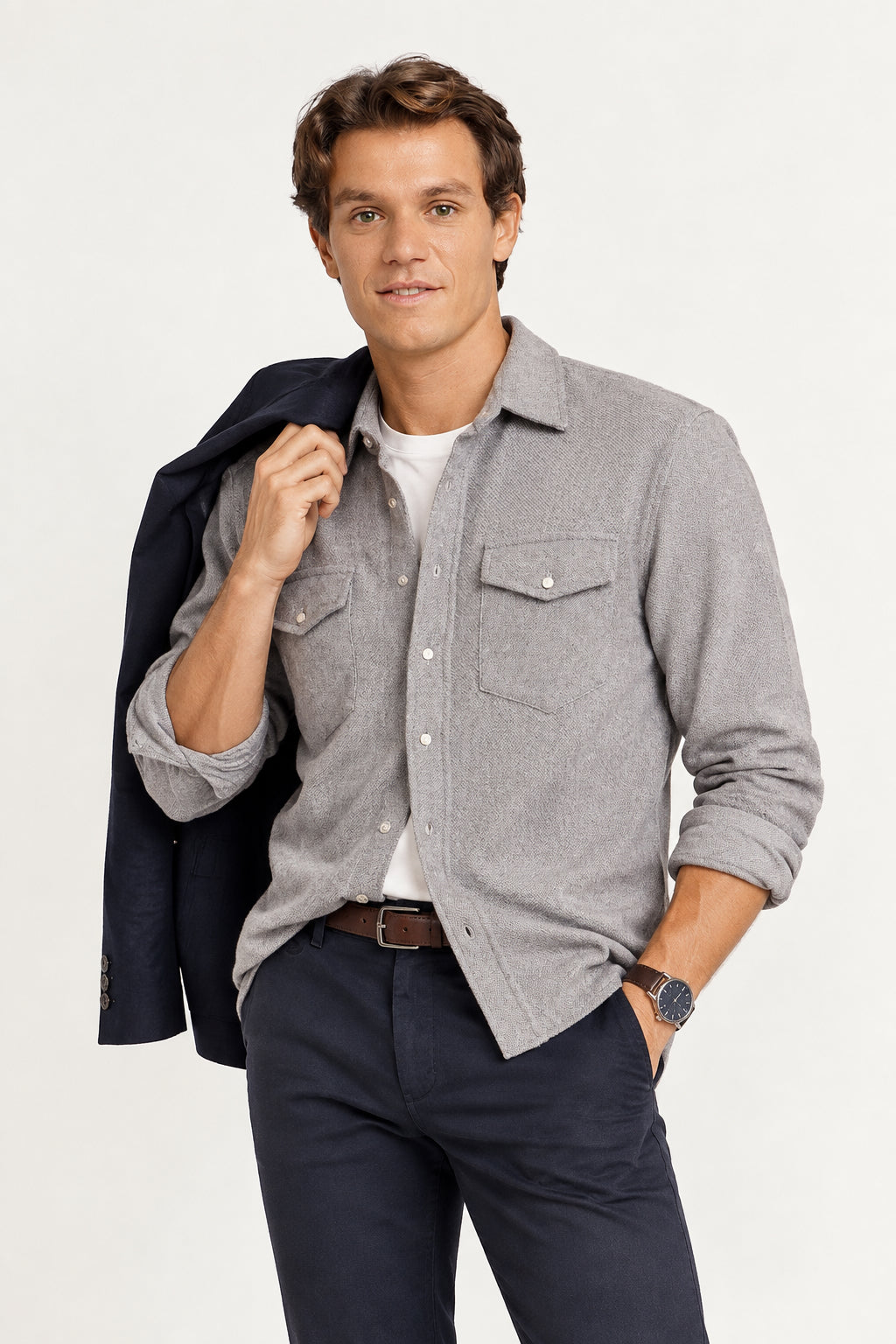 CAMISA DE CACHEMIRA VERDE CAQUI TEJIDA A MANO PARA HOMBRE