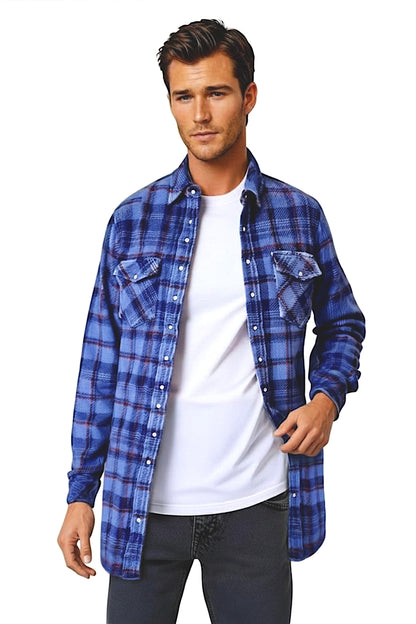 CAMISA DE CACHEMIR A CUADROS TEJIDA A MANO PARA HOMBRE EN AZUL