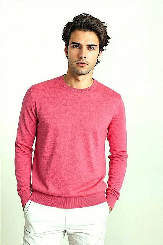 JERSEY DE CUELLO REDONDO LISO DE CACHEMIR Y SEDA PARA HOMBRE EN COLOR FUXIA