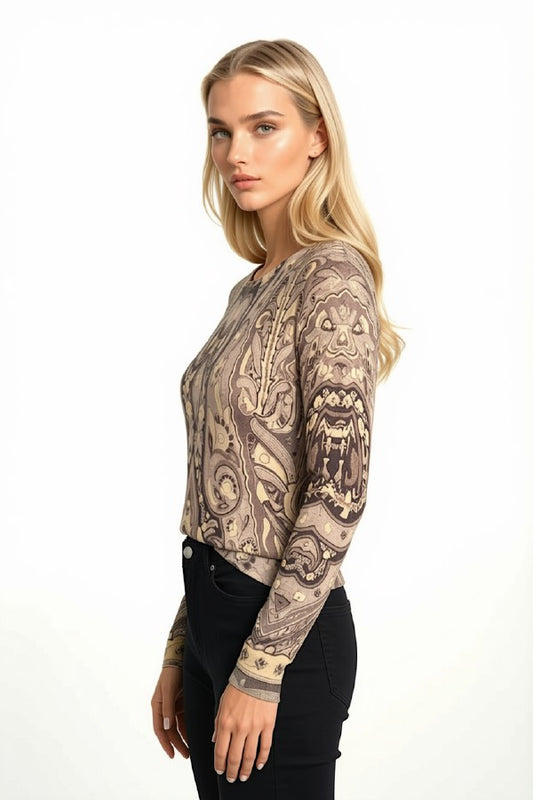 JERSEY DE CUELLO REDONDO DE CACHEMIR Y SEDA PARA MUJER CON ESTAMPADO PAISLEY EN TONOS TAUPE/BEIGE/GRIS