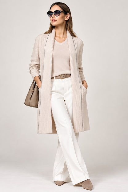 LANGER DAMEN SCHWARZER ENGLISCHER RIPP CASHMERE CARDIGAN MIT SCHALKRAGEN
