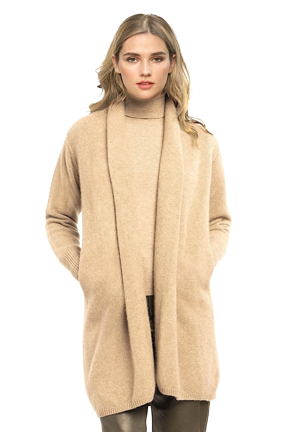 CÁRDIGAN LARGO DE CACHEMIR CAMEL PARA MUJER