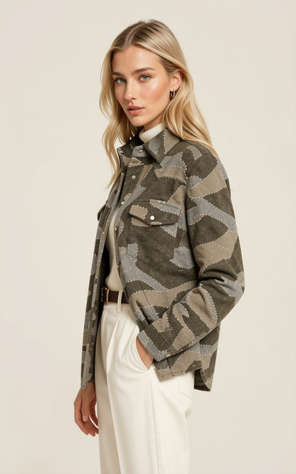 WOMEN'S OVERSTITCHED KHAKI CAMOUFLAGE WESTERN SHIRT