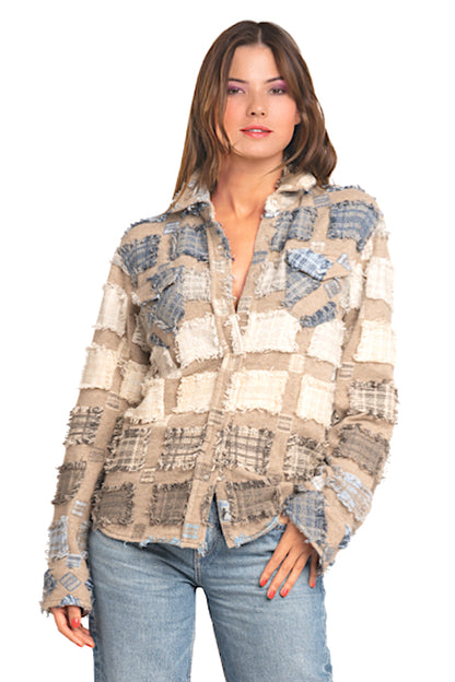 100% CASHMERE EMBROIDERED PATCHWORK SNAP SHIRT. D-25045/70ML TAUPE