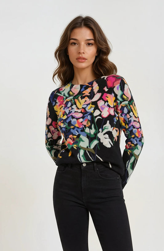 WOMAN'S BLACK HANDMADE FLORAL INTARSIA BOAT NECK