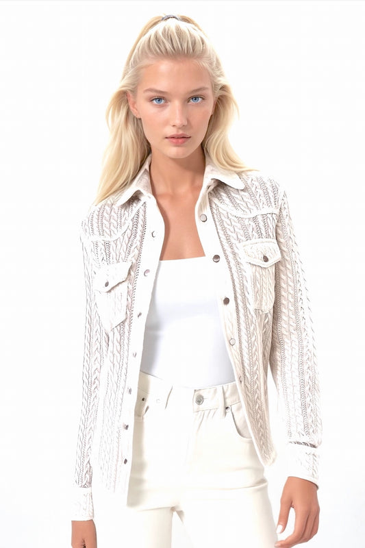 WOMEN'S 100% CASHMERE CABLE SNAP SHIRT. D-26037/70ML
