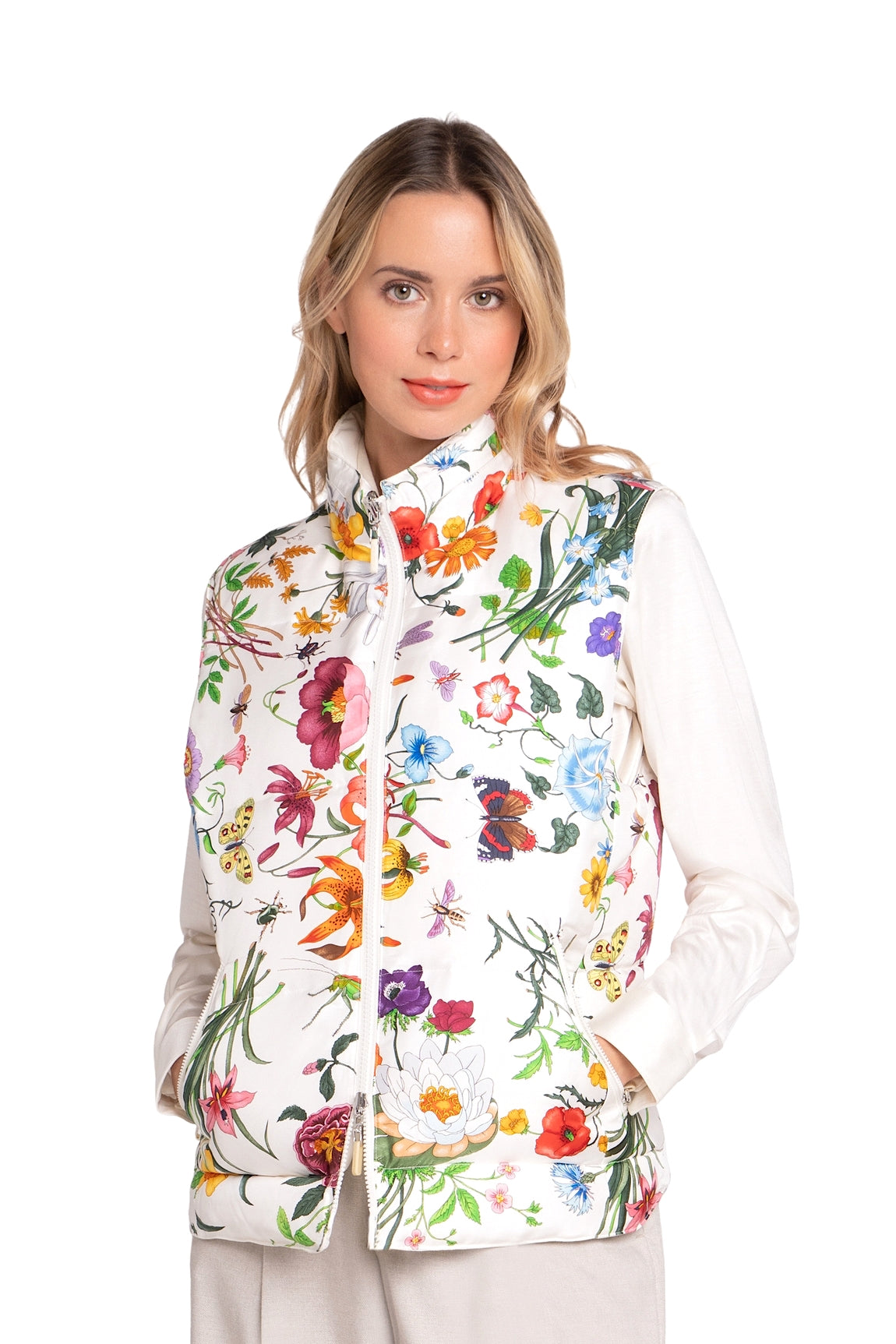 WOMEN'S WHITE FLORAL PRINT REVERSIBLE SILK VEST