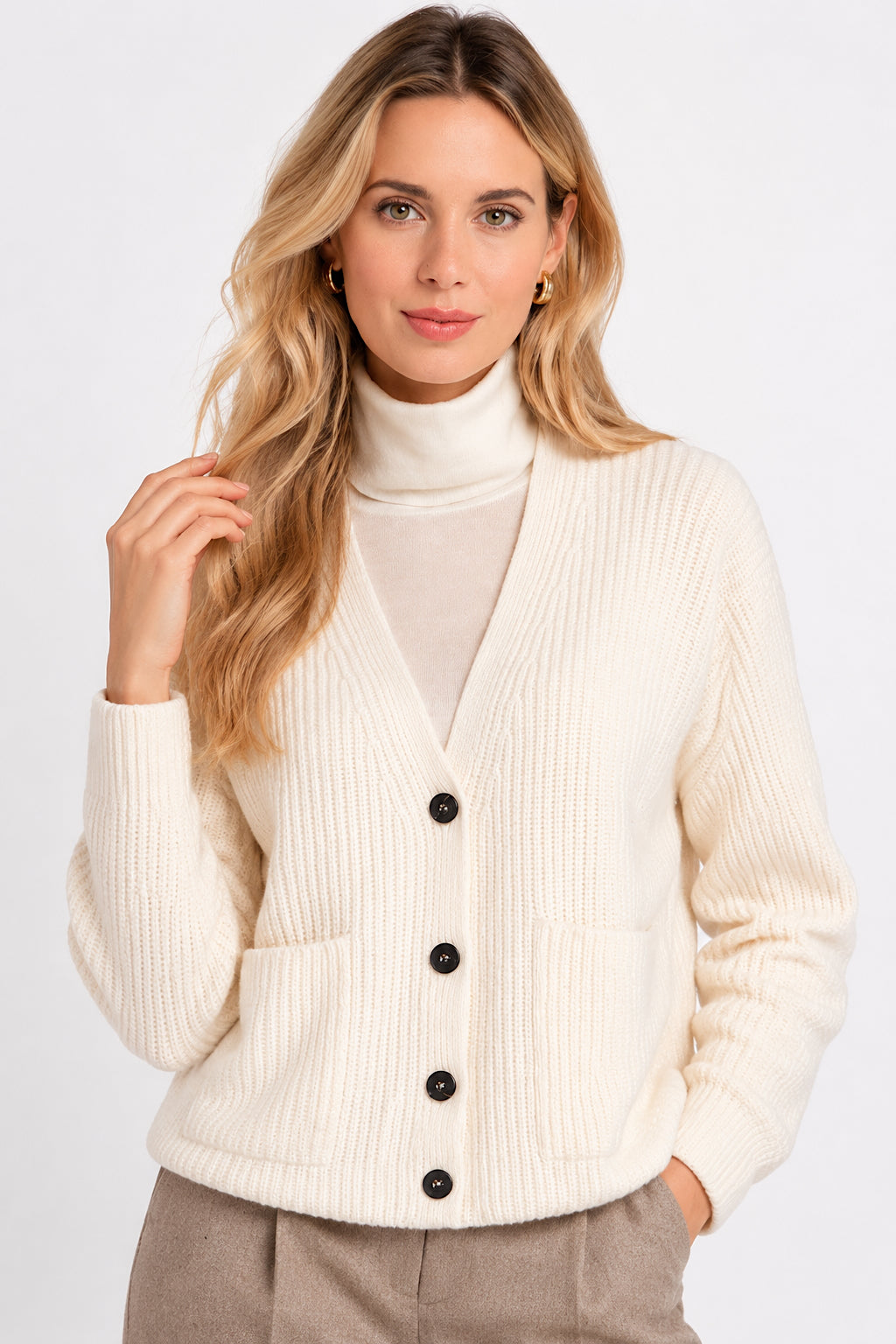 WOMEN'S RED ENGLISH RIB CASHMERE V-NECK CARDIGAN