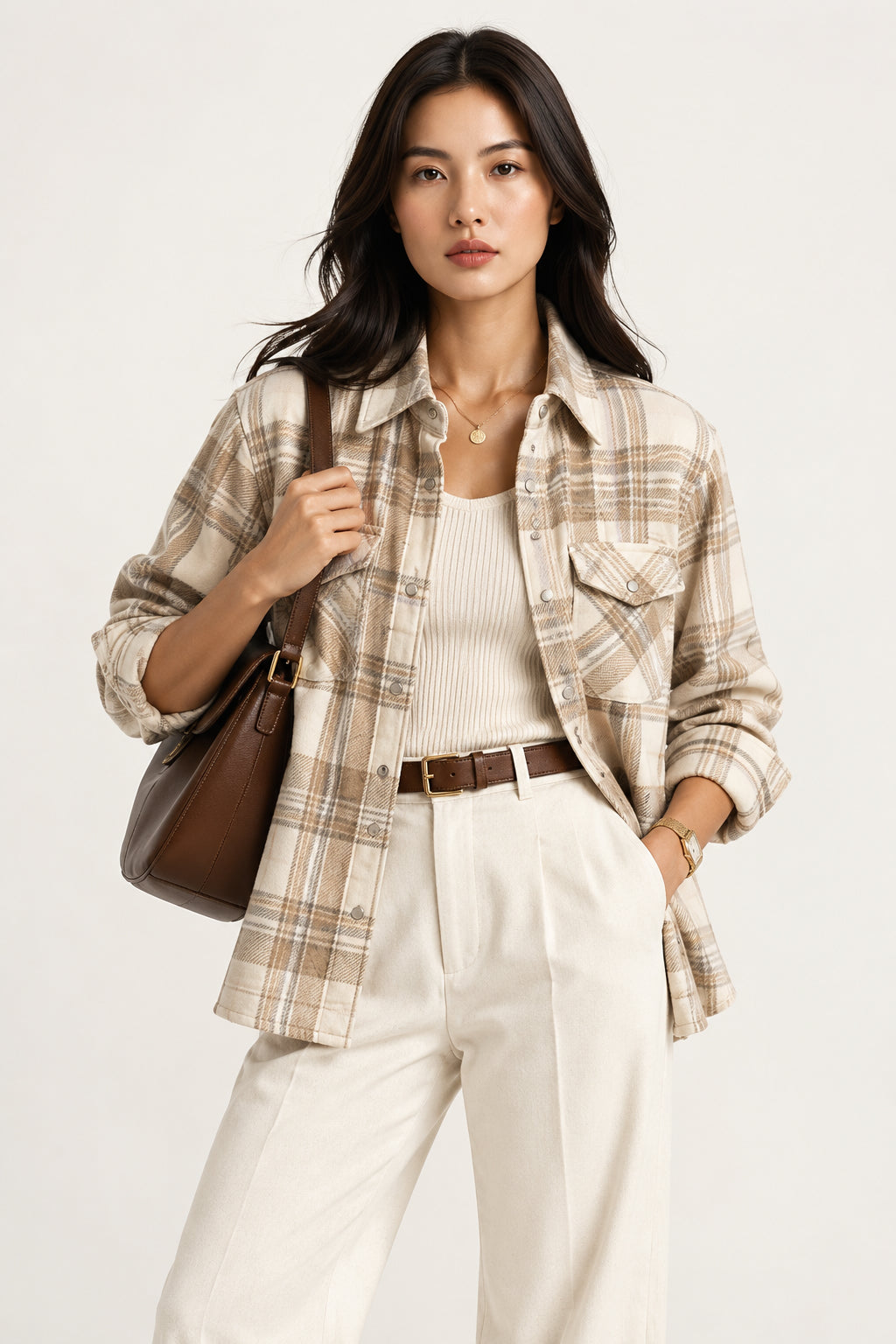 CAMICIA A QUADRI DA DONNA IN CASHMERE BEIGE-ROSA TESSUTA A MANO