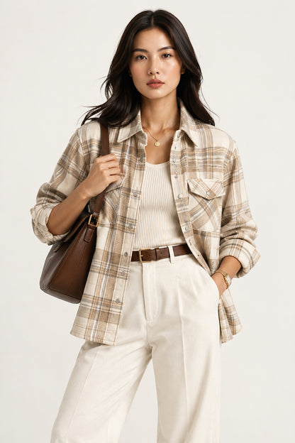 CAMICIA A QUADRI DA DONNA IN CASHMERE BEIGE-ROSA TESSUTA A MANO