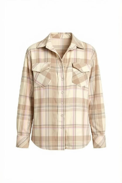 CAMICIA A QUADRI DA DONNA IN CASHMERE BEIGE-ROSA TESSUTA A MANO
