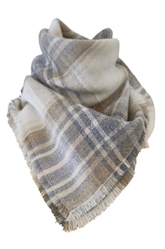ÉCHARPE BANDANA À CARREAUX EN CACHEMIRE TISSÉE À LA MAIN GRIS/ BEIGE