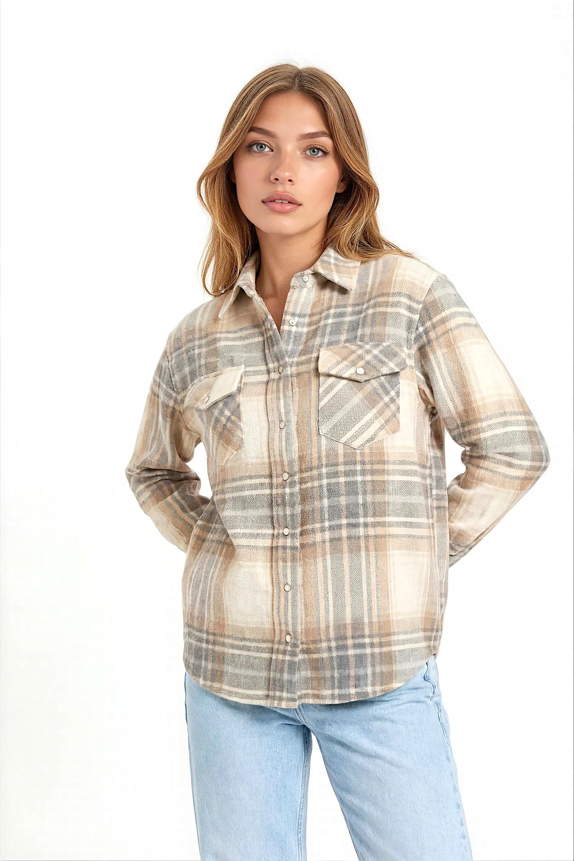 CAMICIA A QUADRI DA DONNA IN CASHMERE GRIGIO-BEIGE TESSUTA A MANO
